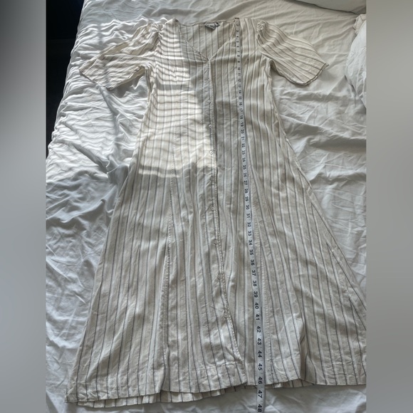 ICHI Striped Button Down Maxi Dress Linen Blend Look V-Neck Short Sleeve Neutral - Picture 12 of 15